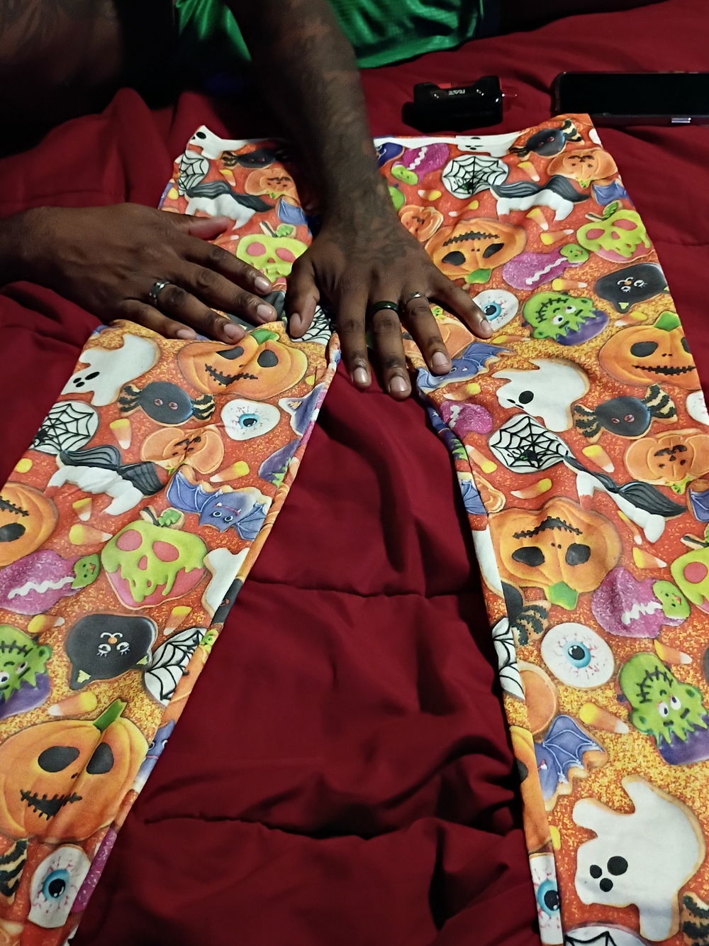 No Boundaries Orange Halloween Print Women's Leggings with Multicolor Characters